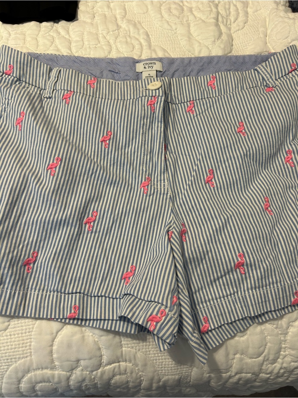 crown & ivy Blue-and-White Striped Shorts with Pink Flamingo Embroidery